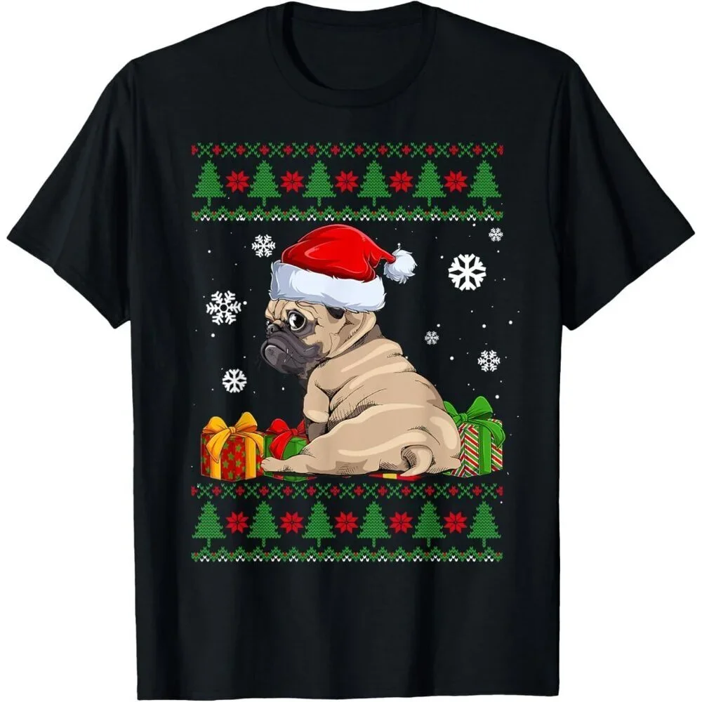 Dog Lover T-Shirt Cotton Small Funny Pug Santa Hat Holiday Casual